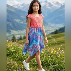 EUC - Pink & Violet Girls Coral Lace Criss Cross Shark Bite Hem Colorful Dress